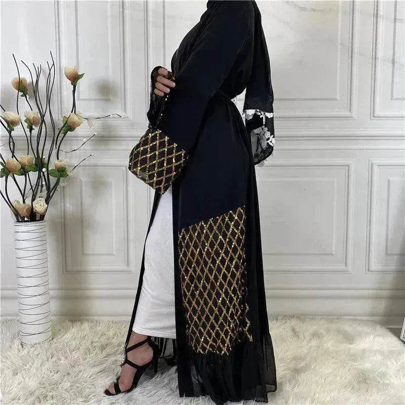 Sequined Embroidered Outerwear Robe Turkey Arab Dubai Middle East Women's Chiffon Cardigan Abaya Dress - Velora