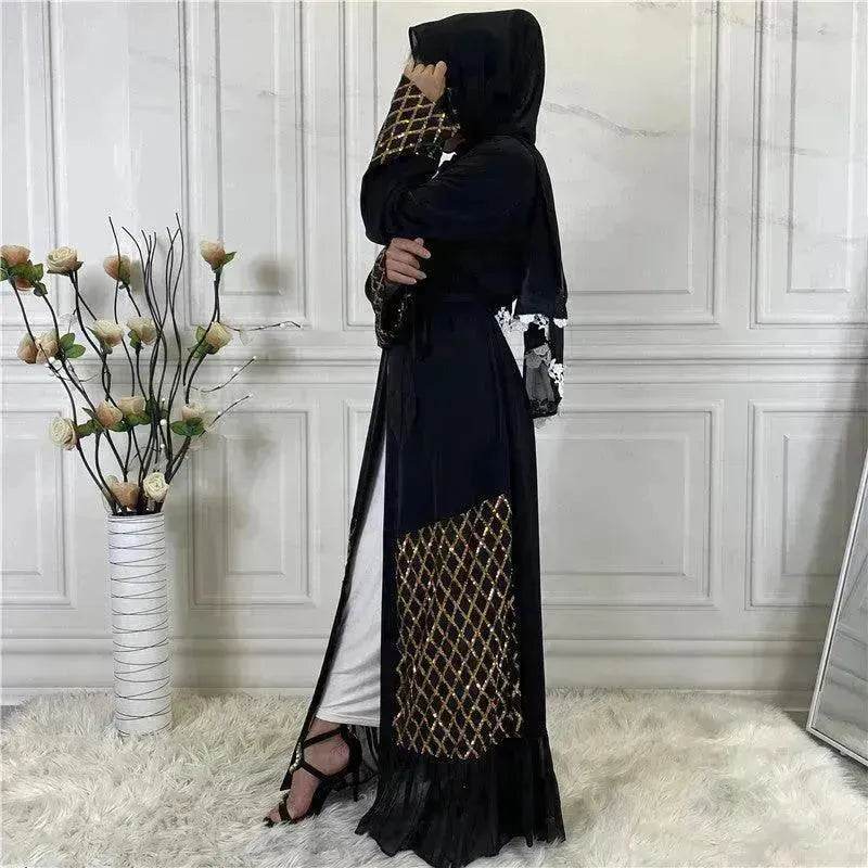 Sequined Embroidered Outerwear Robe Turkey Arab Dubai Middle East Women's Chiffon Cardigan Abaya Dress - Velora