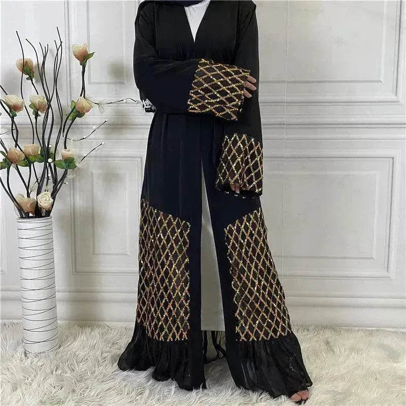 Sequined Embroidered Outerwear Robe Turkey Arab Dubai Middle East Women's Chiffon Cardigan Abaya Dress - Velora