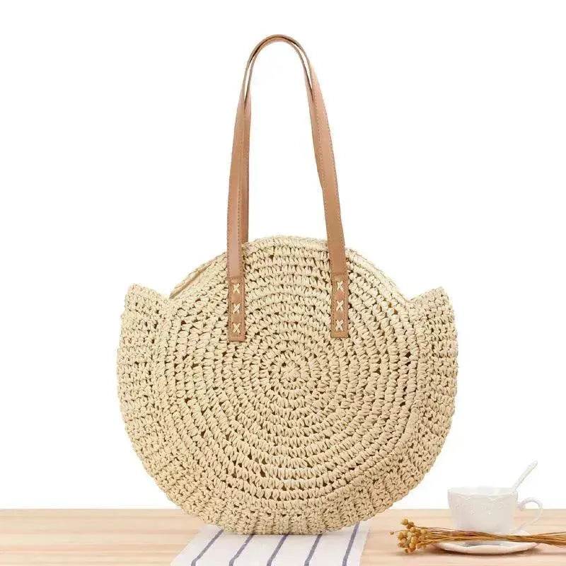 Simple Round Shoulder Bag Straw Handbag Summer Beach Bags - Velora