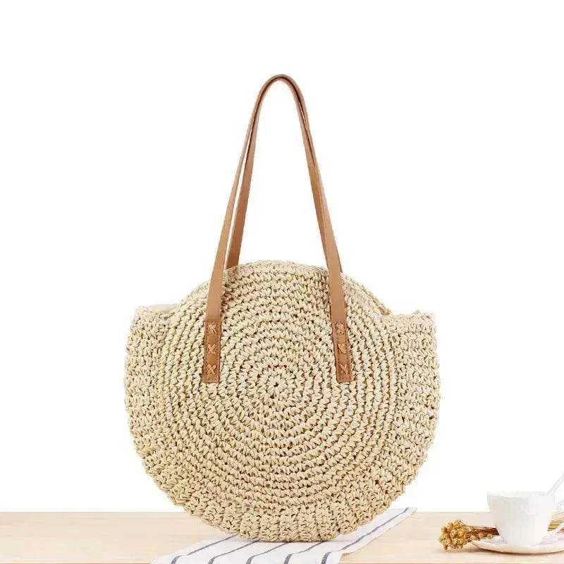 Simple Round Shoulder Bag Straw Handbag Summer Beach Bags - Velora