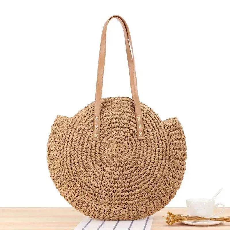 Simple Round Shoulder Bag Straw Handbag Summer Beach Bags - Velora