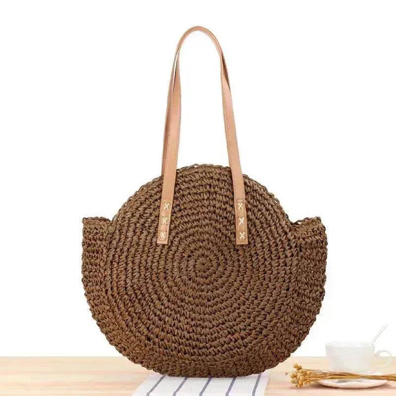 Simple Round Shoulder Bag Straw Handbag Summer Beach Bags - Velora