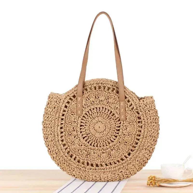 Simple Round Shoulder Bag Straw Handbag Summer Beach Bags - Velora