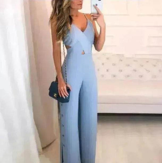 SLeeveless Hollow-out Camisole High Waist Slim Solid Color Jumpsuit - Velora