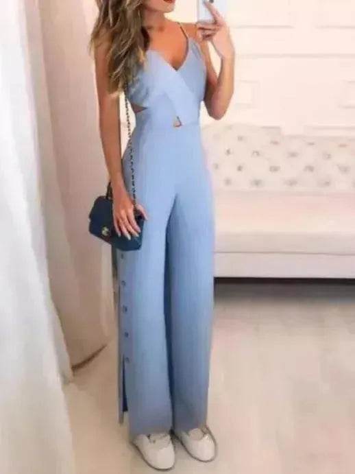 SLeeveless Hollow-out Camisole High Waist Slim Solid Color Jumpsuit - Velora