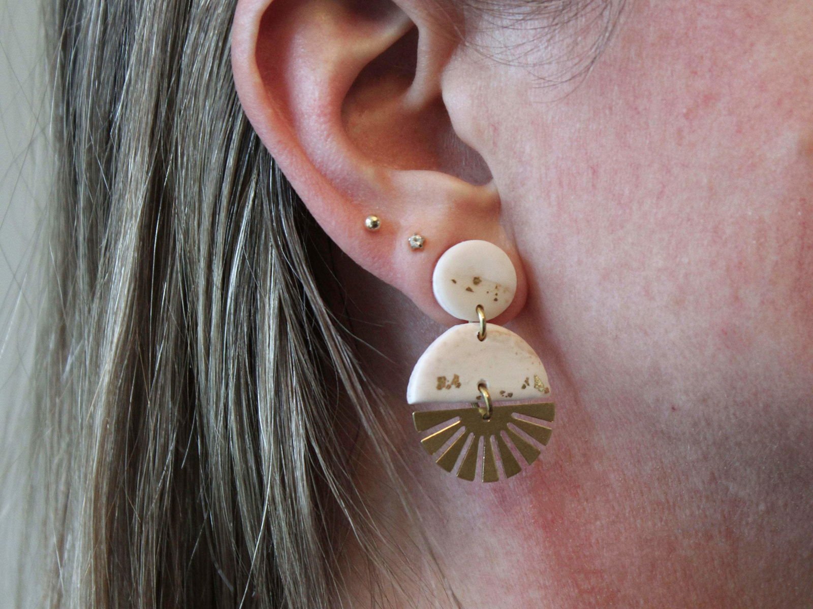 SOL Earrings. White Polymer Clay Terrazzo earrings with brass Sun Rays - Velora Luxury Fashion