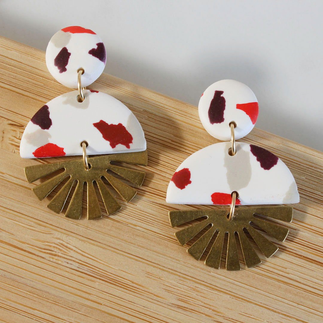 SOL Earrings. White Polymer Clay Terrazzo earrings with brass Sun Rays - Velora Luxury Fashion