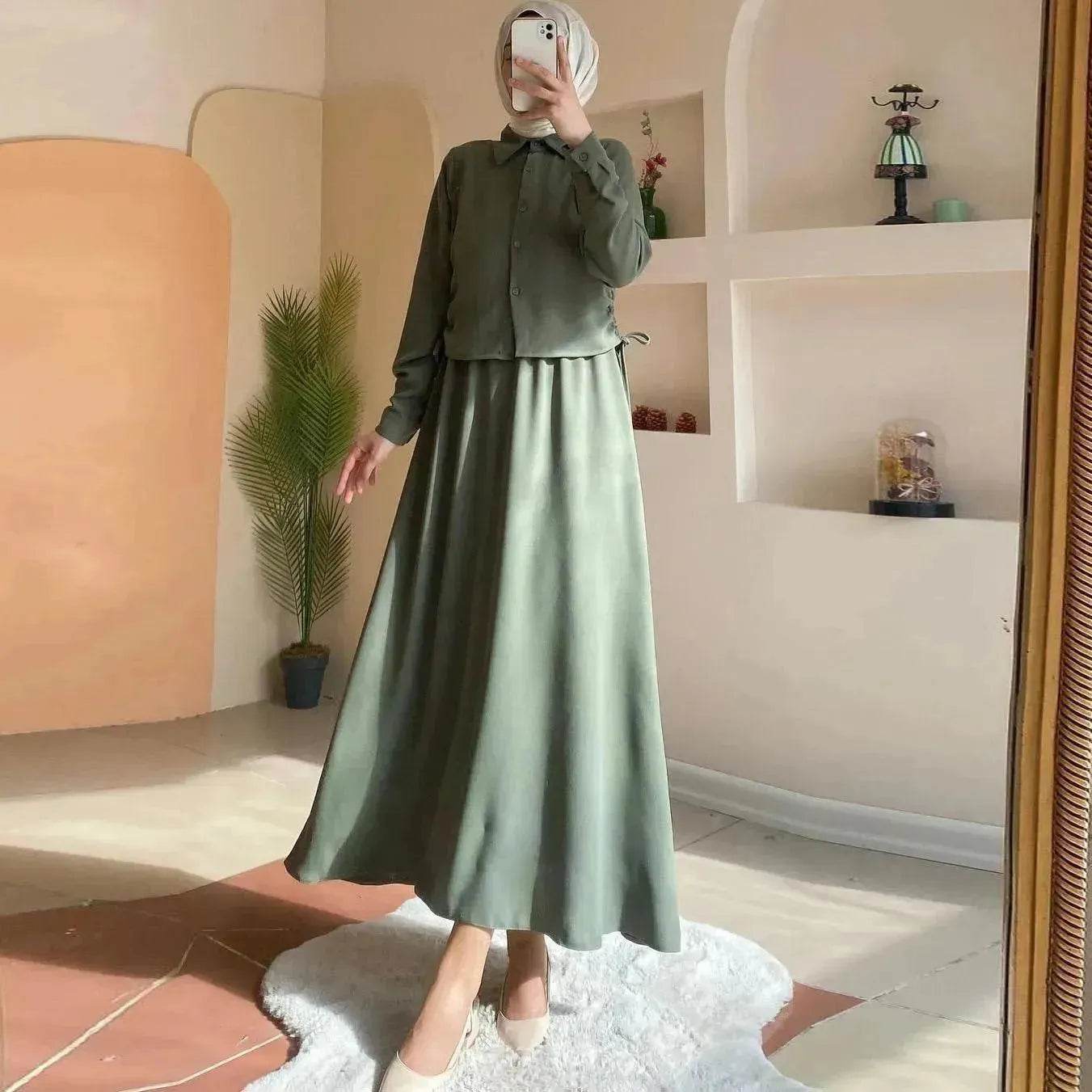 Solid Color Long Sleeve Skirt Suit for Elegant Arab Dubai Turkey Middle Eastern Women Abaya Dress - Velora