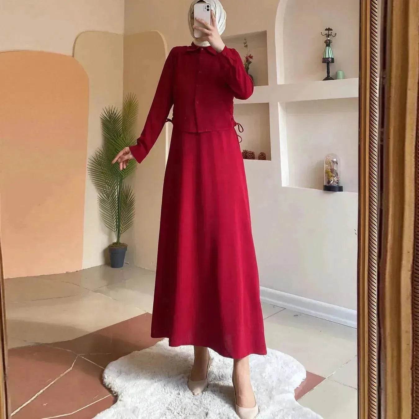 Solid Color Long Sleeve Skirt Suit for Elegant Arab Dubai Turkey Middle Eastern Women Abaya Dress - Velora