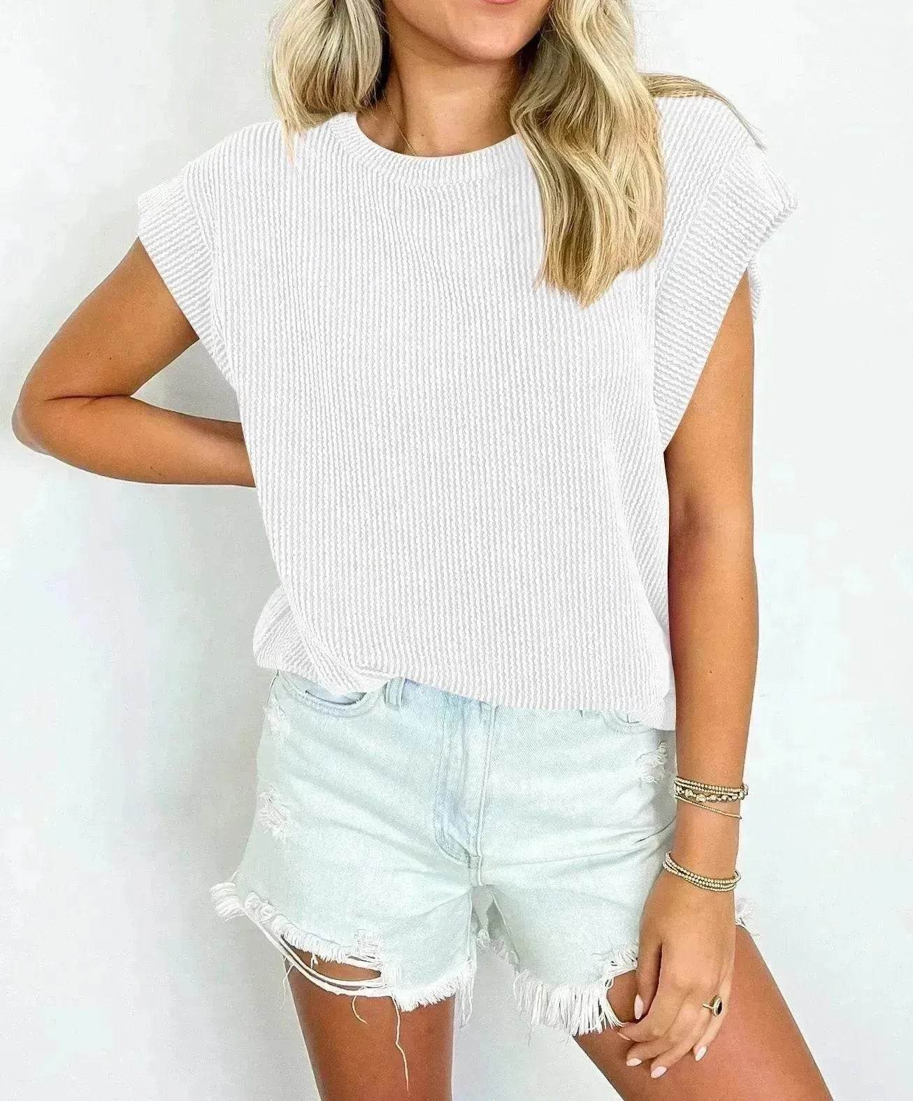 Solid Color Stripe Bat-sleeve Summer Casual Loose Vest blouse Tops for Women. - Velora