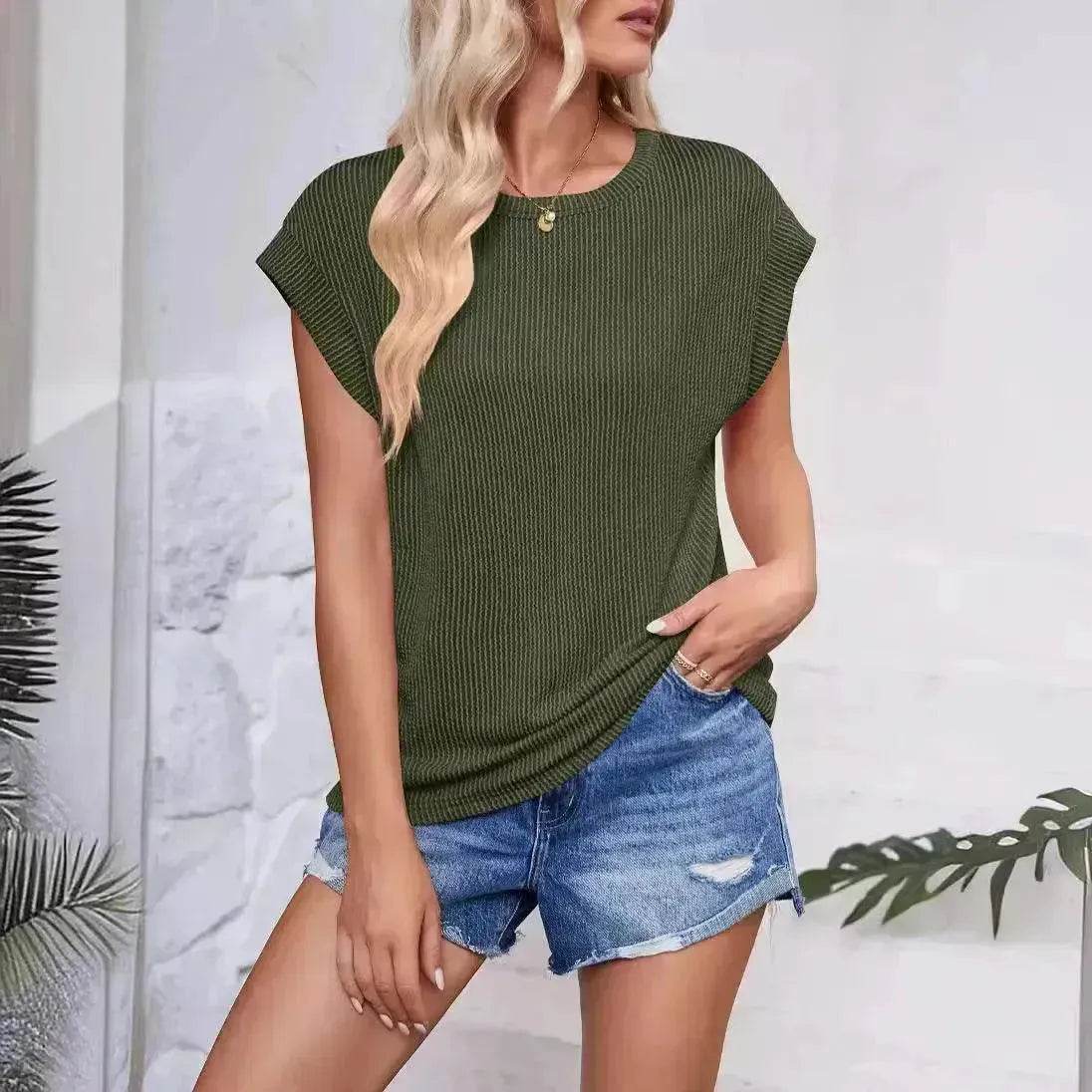 Solid Color Stripe Bat-sleeve Summer Casual Loose Vest blouse Tops for Women. - Velora