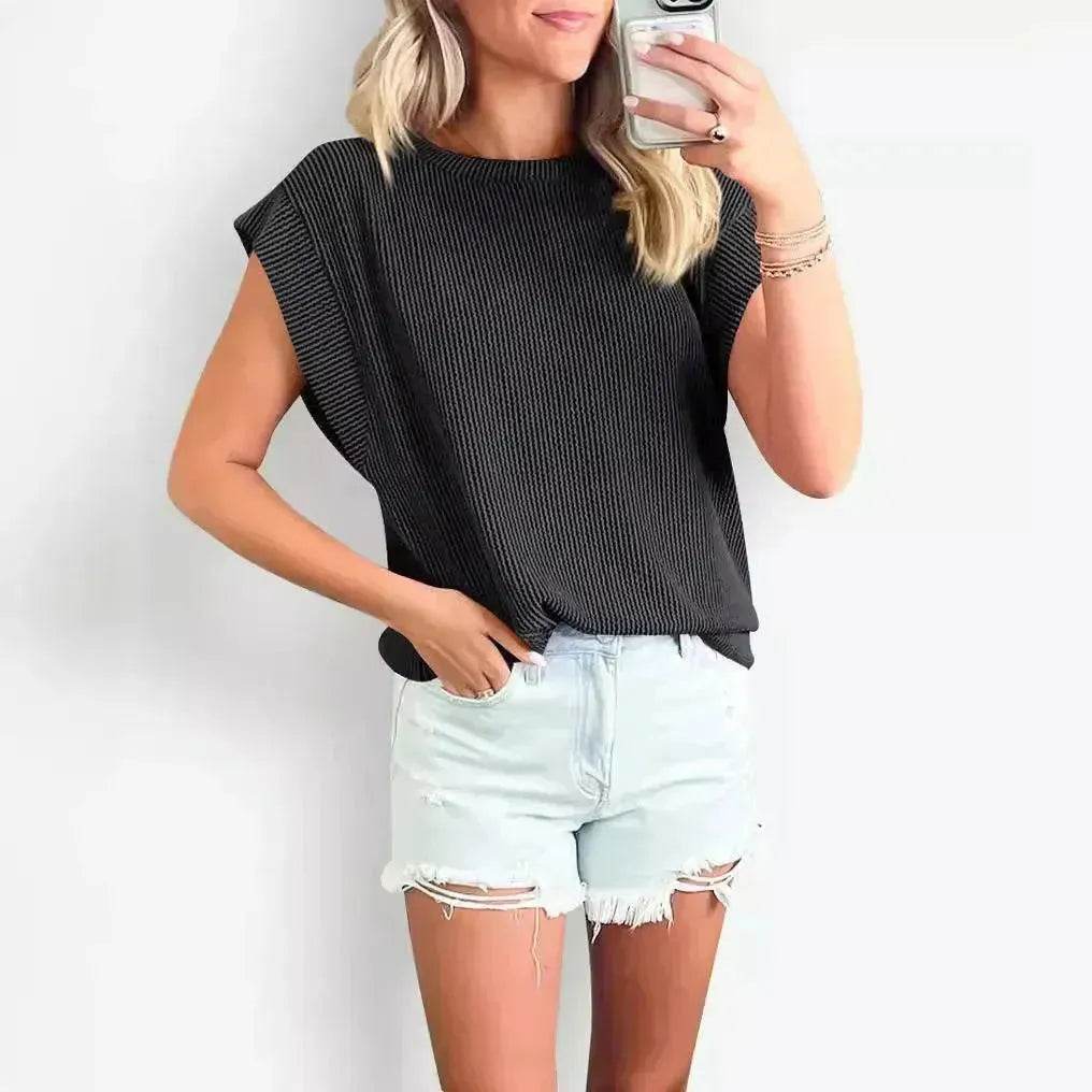 Solid Color Stripe Bat-sleeve Summer Casual Loose Vest blouse Tops for Women. - Velora