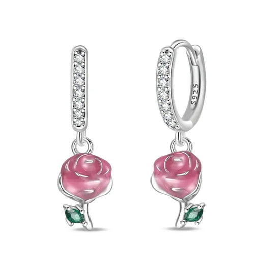 Romantic Rose Sterling Silver Hoop Earrings With Green Accents Itz Luxury