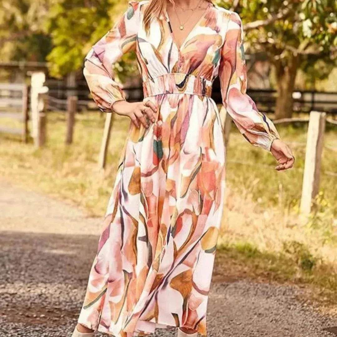 Spring NEW Long Casual Long Sleeve V-neck Printed Beach Long Flowy Dress - Velora