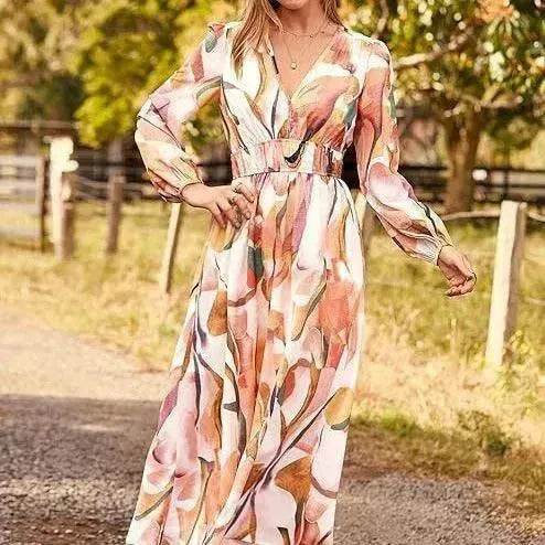 Spring NEW Long Casual Long Sleeve V-neck Printed Beach Long Flowy Dress - Velora