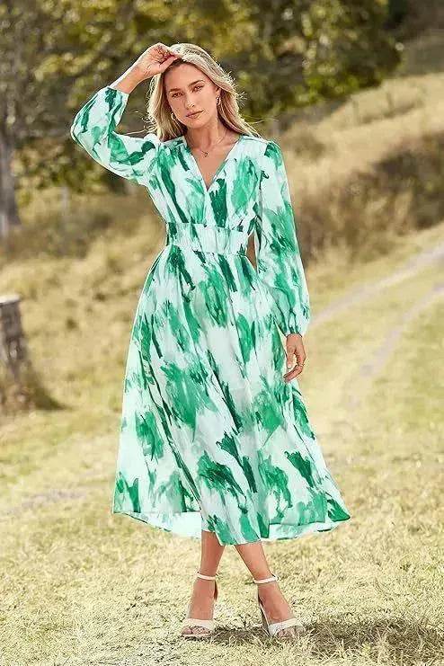 Spring NEW Long Casual Long Sleeve V-neck Printed Beach Long Flowy Dress - Velora