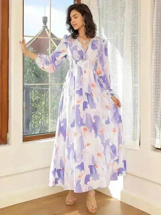 Spring NEW Long Casual Long Sleeve V-neck Printed Beach Long Flowy Dress - Velora