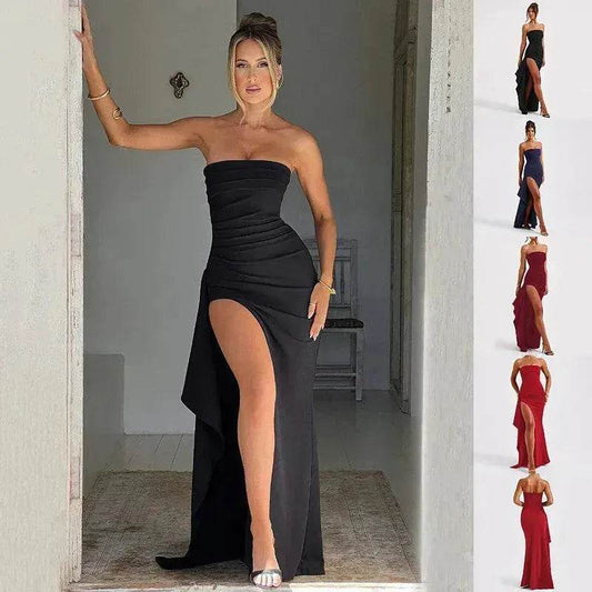 Strapless Split Long Dress Summer Fashion Pleated Bridesmaid Dress For Womens Party Wedding Clothing - Velora