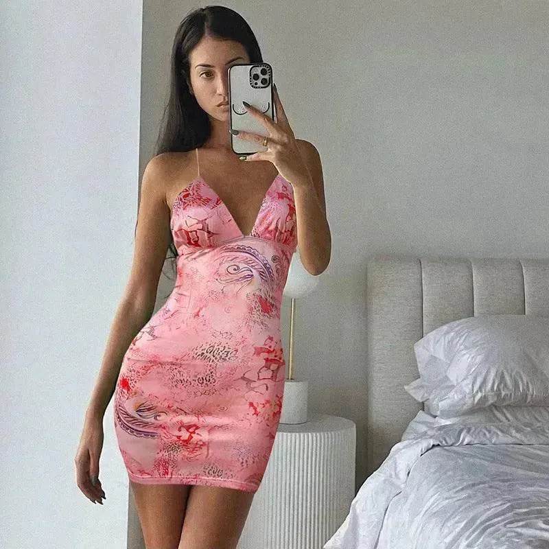 Strappy Bow Backless Slim Fit Printed Sheath Dress - Velora