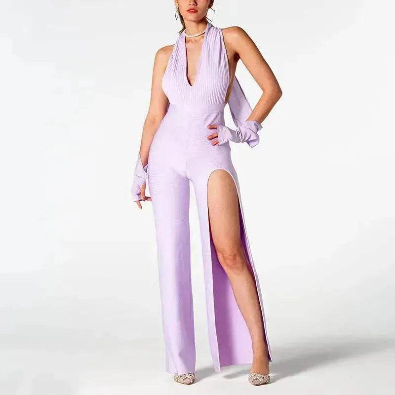 Summer Backless Halter V-neck Slimming Backless Slit Jumpsuit - Velora