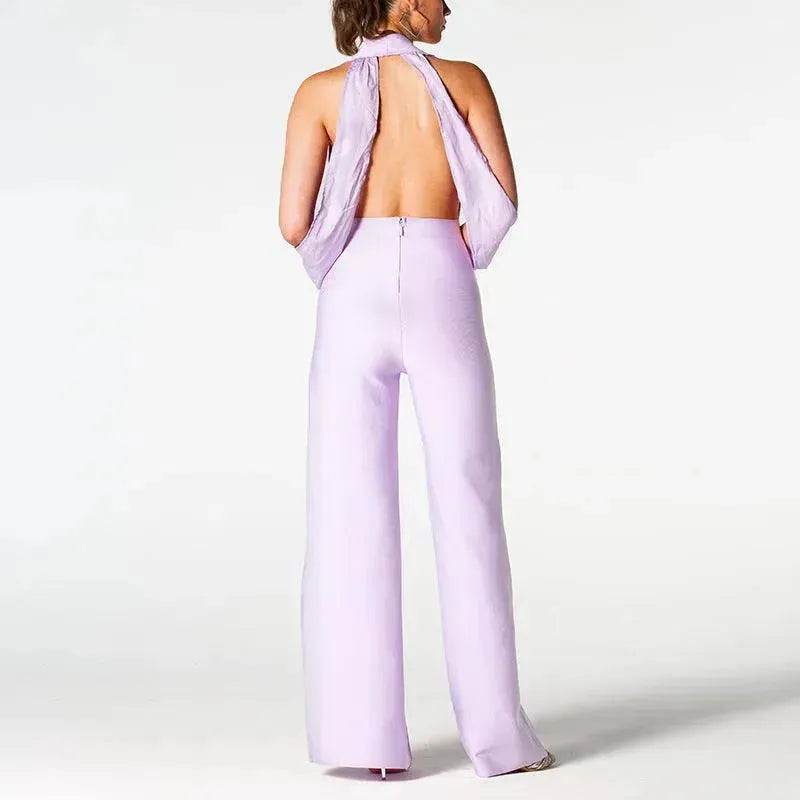 Summer Backless Halter V-neck Slimming Backless Slit Jumpsuit - Velora