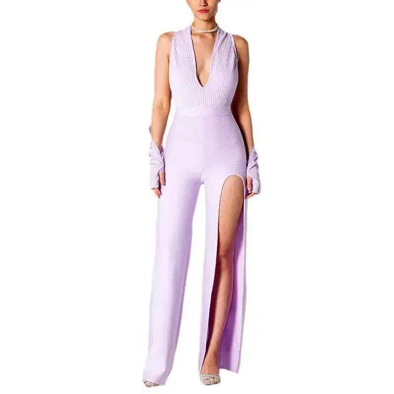 Summer Backless Halter V-neck Slimming Backless Slit Jumpsuit - Velora