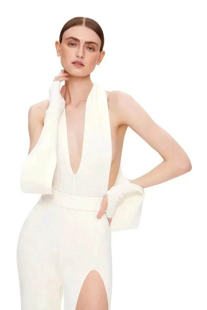 Summer Backless Halter V-neck Slimming Backless Slit Jumpsuit - Velora