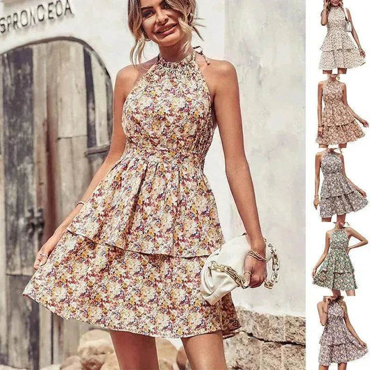 Summer Printed Halter Dress Fashion Boho Backless Ruffled A-Line Beach Dresses For Womens Clothing - Velora