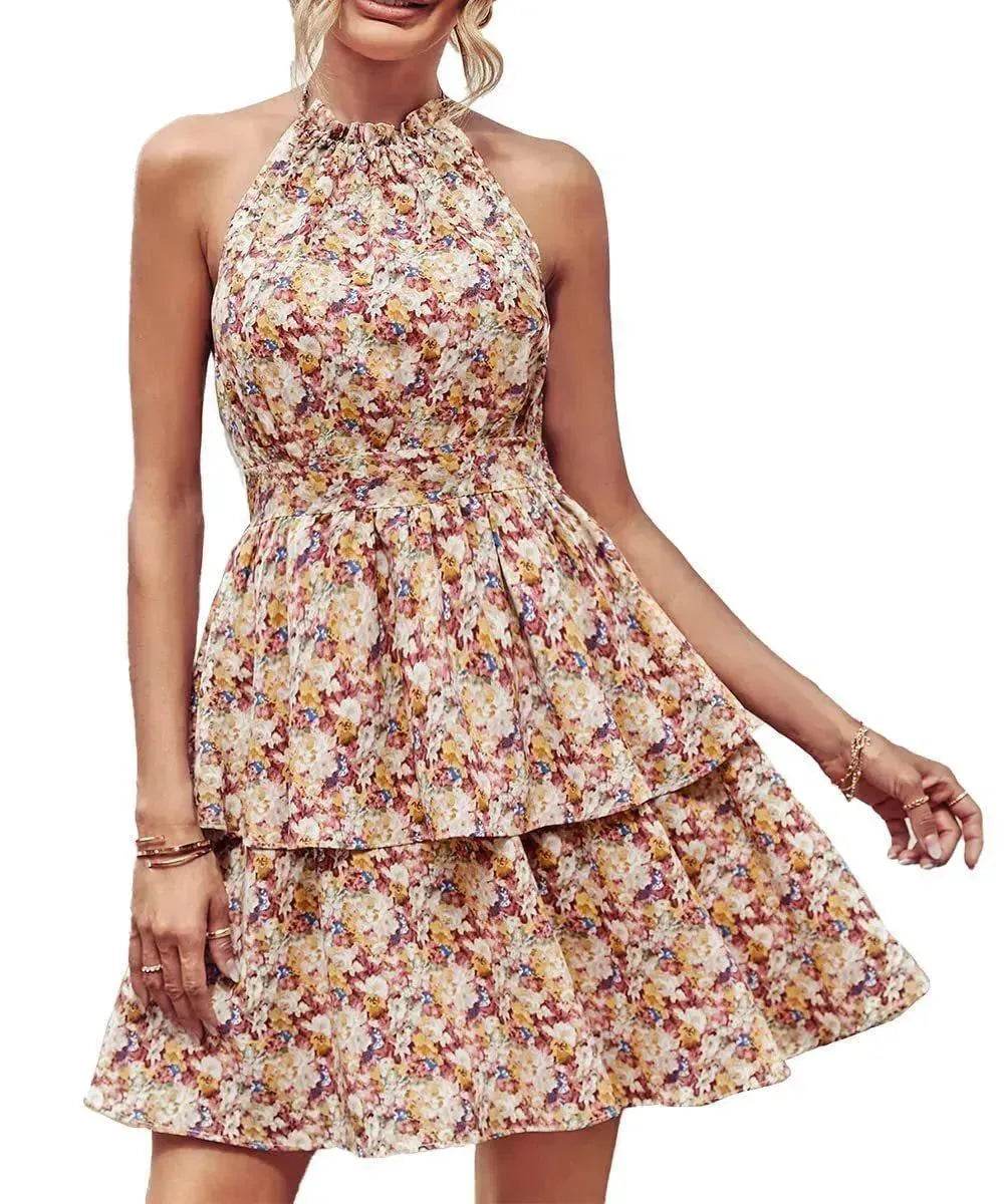 Summer Printed Halter Dress Fashion Boho Backless Ruffled A-Line Beach Dresses For Womens Clothing - Velora