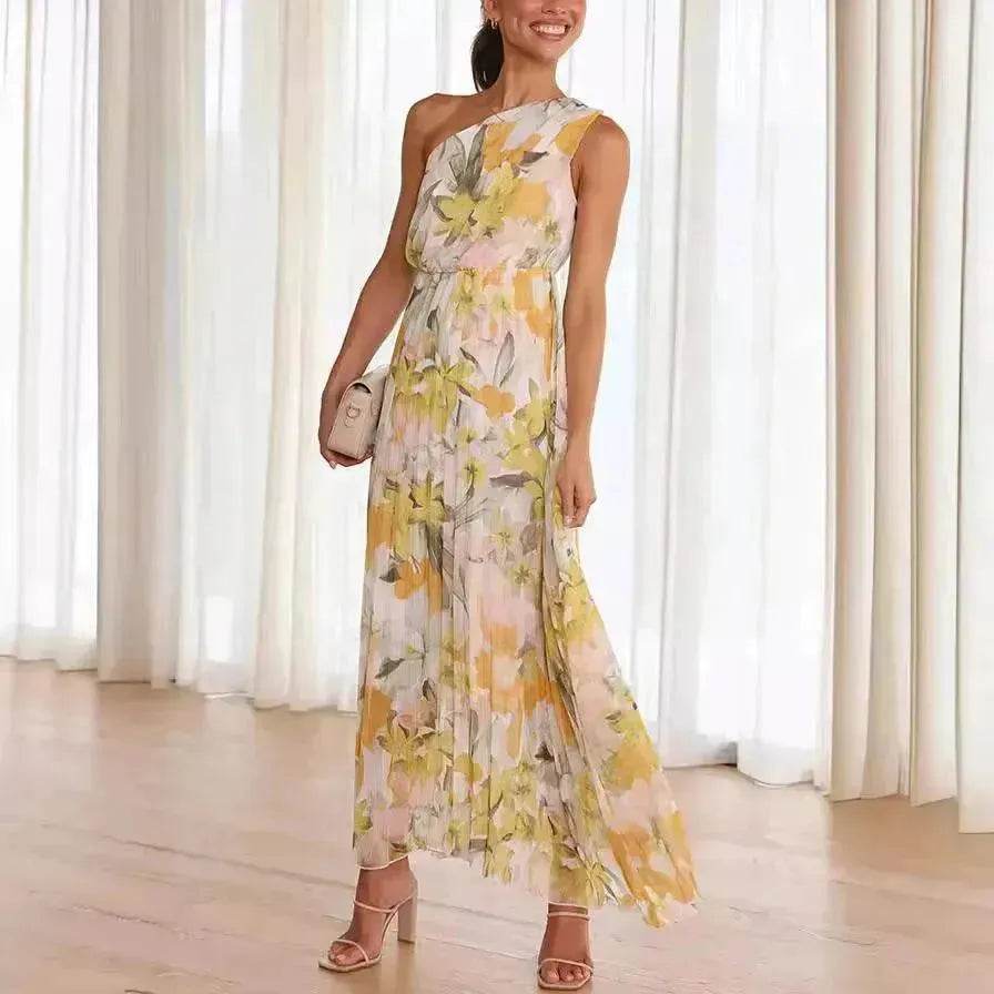 Summer Printed Oblique Shoulder Elastic Waist Vacation Floral Sleeveless Midi Dress - Velora