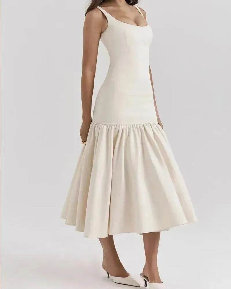 Summer Round Neck Sleeveless Solid Color Pleating Slim Fit Dress - Velora