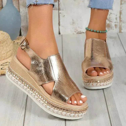 Summer Shiny Sandals Hollow Design Fish Mouth Sandal For Women Fashion Buckle Wedges Sandals - Velora