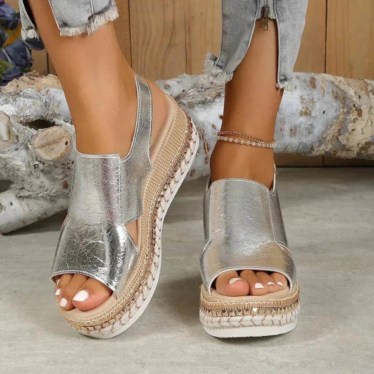 Summer Shiny Sandals Hollow Design Fish Mouth Sandal For Women Fashion Buckle Wedges Sandals - Velora