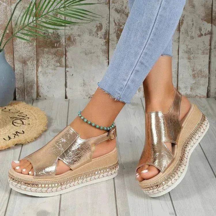 Summer Shiny Sandals Hollow Design Fish Mouth Sandal For Women Fashion Buckle Wedges Sandals - Velora