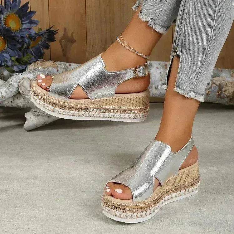 Summer Shiny Sandals Hollow Design Fish Mouth Sandal For Women Fashion Buckle Wedges Sandals - Velora