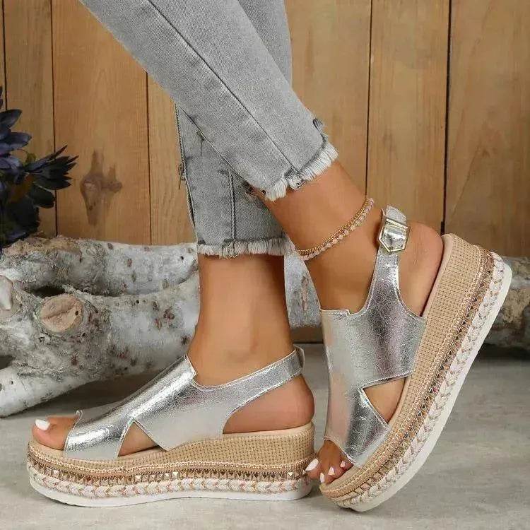 Summer Shiny Sandals Hollow Design Fish Mouth Sandal For Women Fashion Buckle Wedges Sandals - Velora