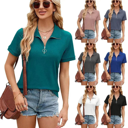 Summer Short Sleeve T-shirt Casual Loose Solid Color Zipper And Lapel Top For Women - Velora