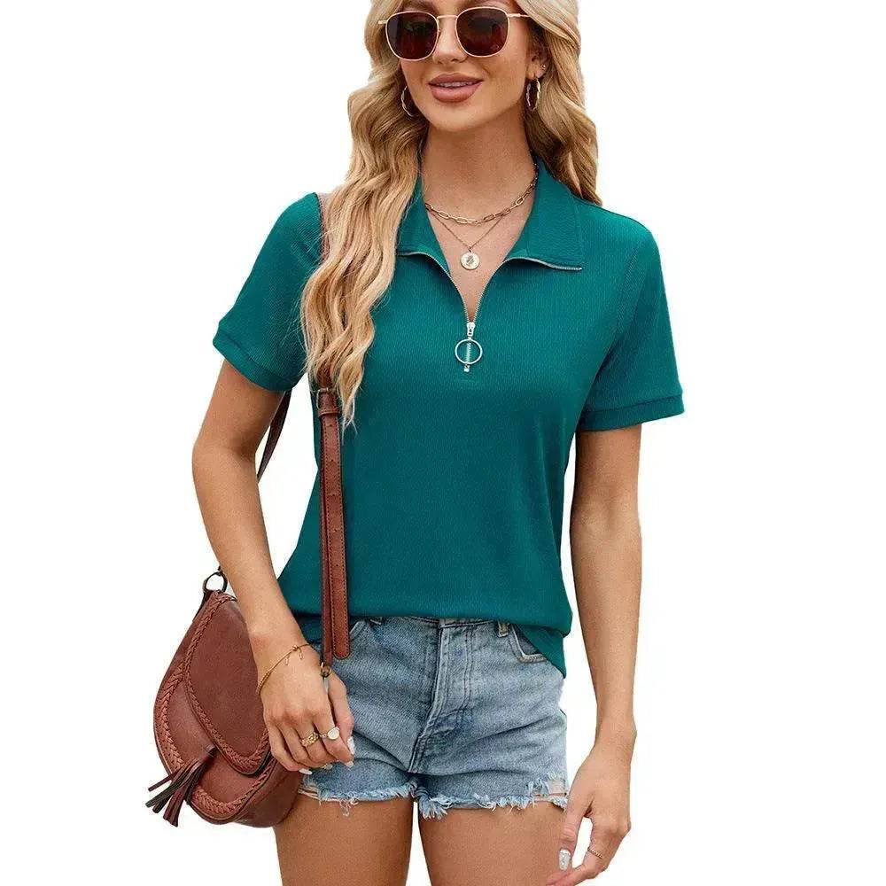 Summer Short Sleeve T-shirt Casual Loose Solid Color Zipper And Lapel Top For Women - Velora
