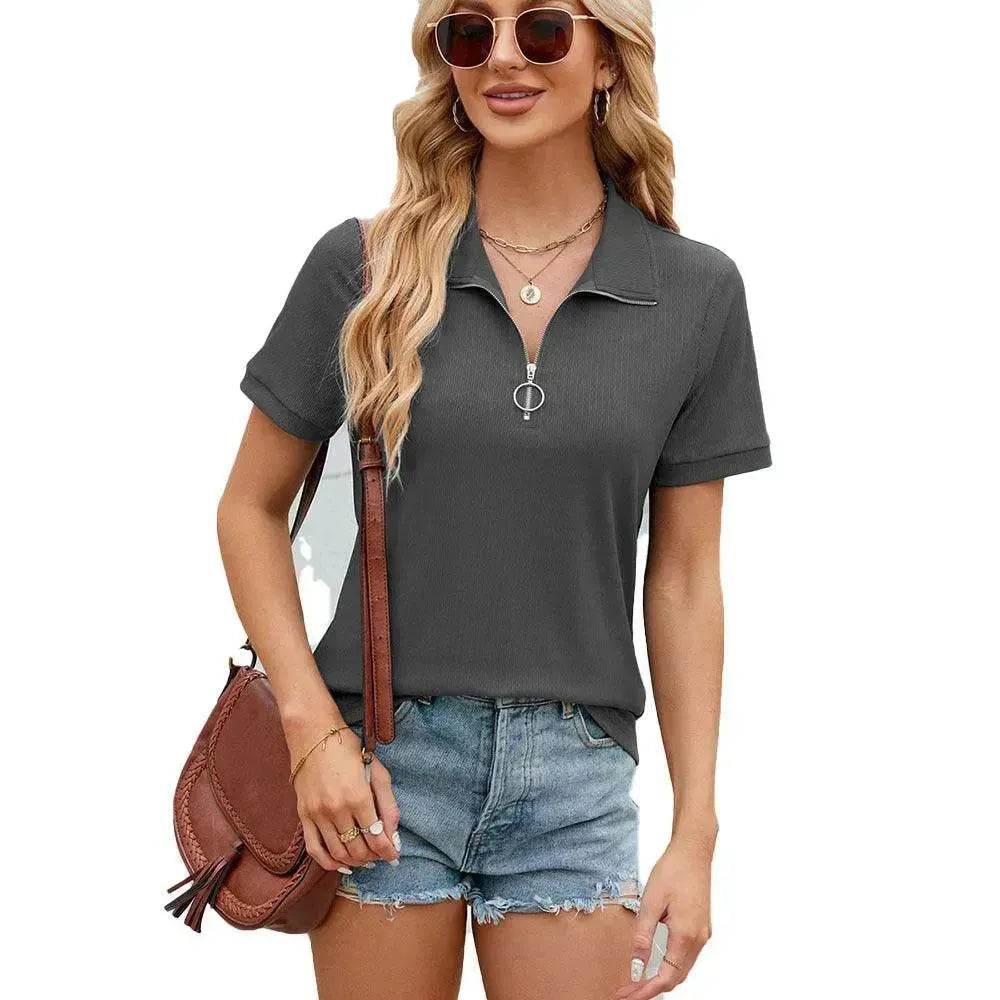 Summer Short Sleeve T-shirt Casual Loose Solid Color Zipper And Lapel Top For Women - Velora
