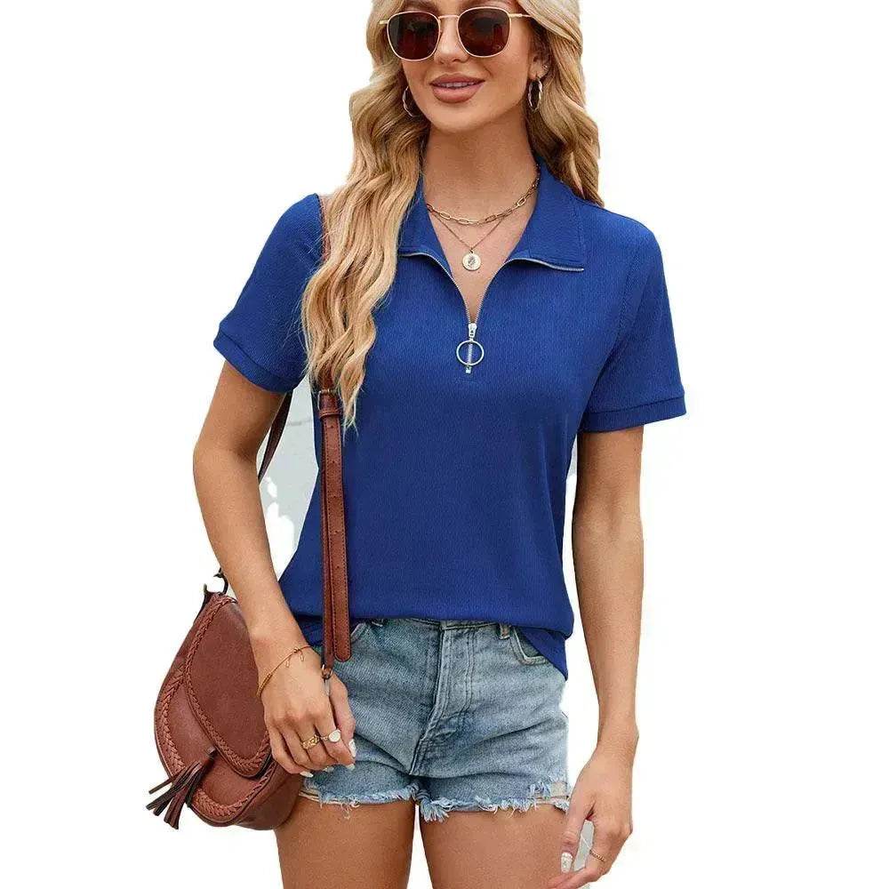 Summer Short Sleeve T-shirt Casual Loose Solid Color Zipper And Lapel Top For Women - Velora