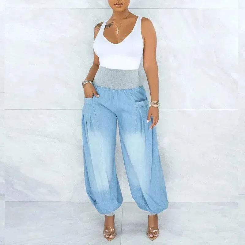 Summer Thin Loose Wide-leg Pants Harem Pants Elastic Waist Denim Trousers Women - Velora