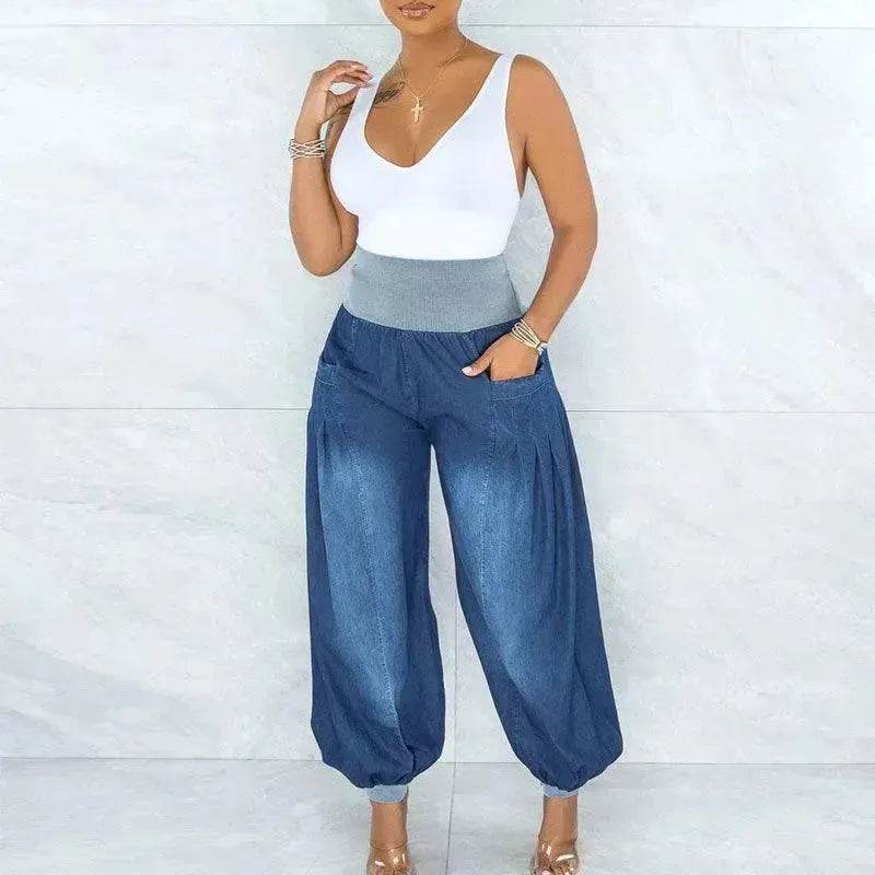 Summer Thin Loose Wide-leg Pants Harem Pants Elastic Waist Denim Trousers Women - Velora