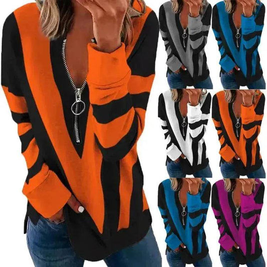 Temperament Chest Zipper V Printed Long Sleeve T-shirt - Velora