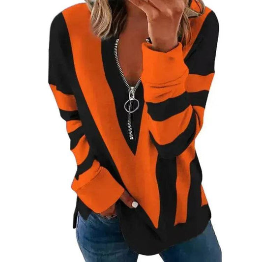 Temperament Chest Zipper V Printed Long Sleeve T-shirt - Velora