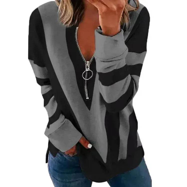 Temperament Chest Zipper V Printed Long Sleeve T-shirt - Velora