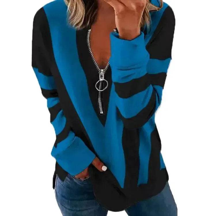 Temperament Chest Zipper V Printed Long Sleeve T-shirt - Velora
