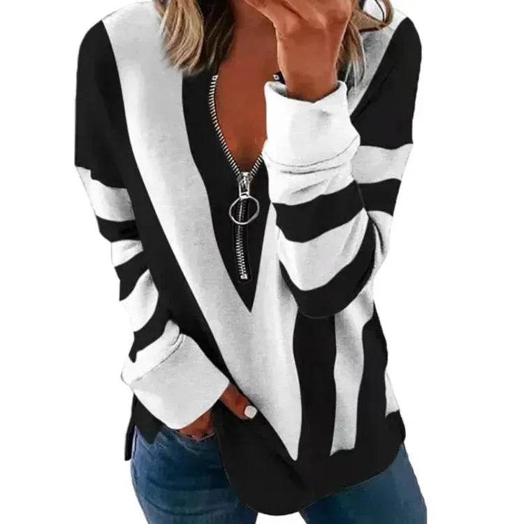 Temperament Chest Zipper V Printed Long Sleeve T-shirt - Velora