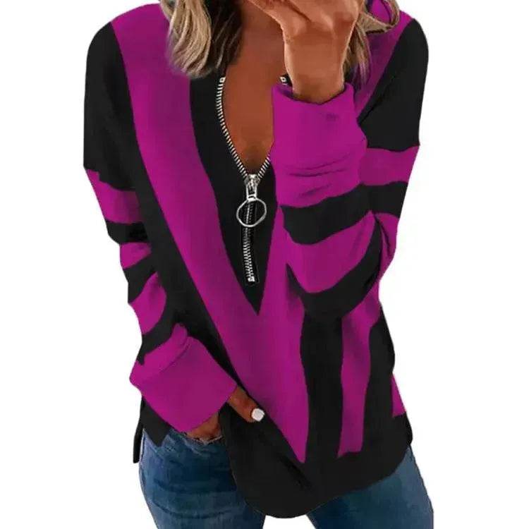 Temperament Chest Zipper V Printed Long Sleeve T-shirt - Velora