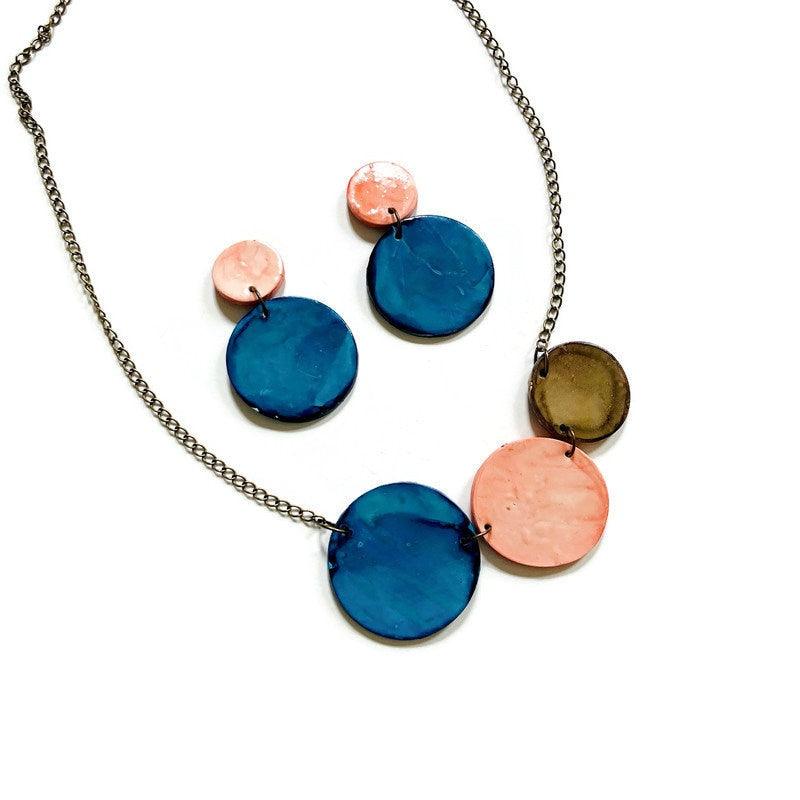 Three Circle Necklace in Denim Blue, Dusty Pink & Grey - Velora Luxury Fashion